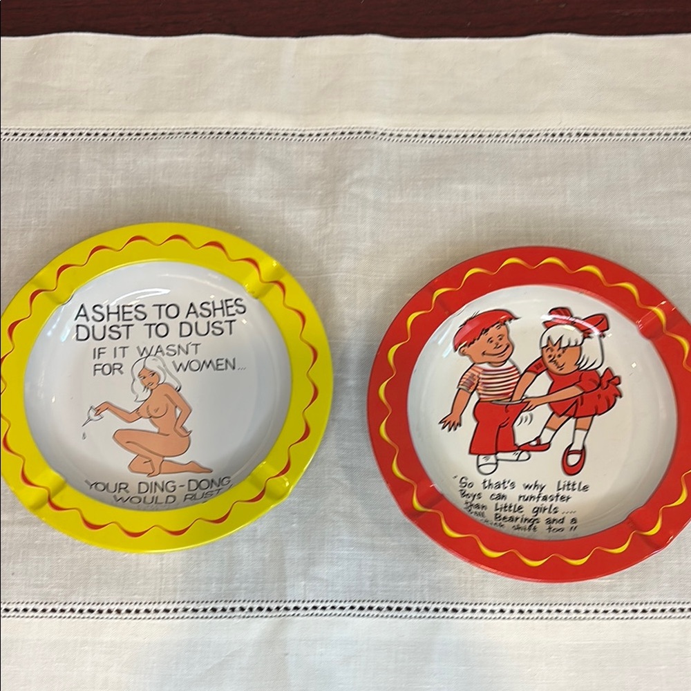 Vintage 70’s Ashtray Metal Nudie Girl Gag Gift Adult Novelty lot of 2